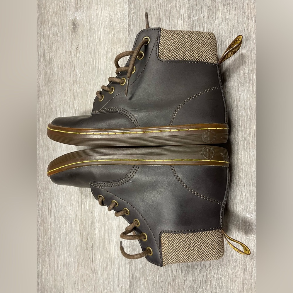 Dr. Martens Dark Brown Ankle Boots with Patterned Tan Accents